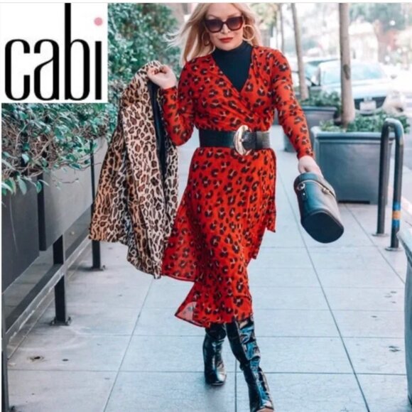 CAbi 5771 Vivien Siren Wrap Midi Dress Red and Black Leopard Animal Print V-Neck - Picture 16 of 16